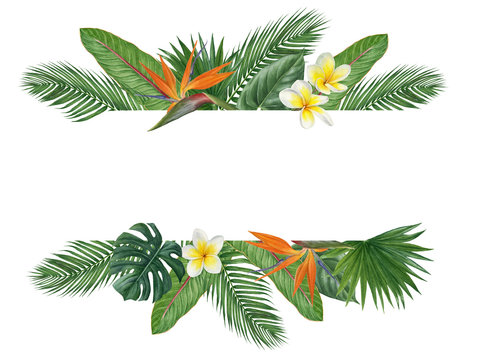 Watercolor banner with tropical leaves and flowers
