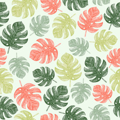 Colored tropical monstera leaves seamless pattern. Jungle background. Vector illustration