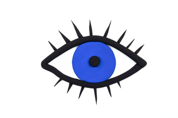 Big blue eye with lashes on white background. Ophthalmic, eyes health and care concept. Flat lay, mockup. See sense symbol, watch concept.