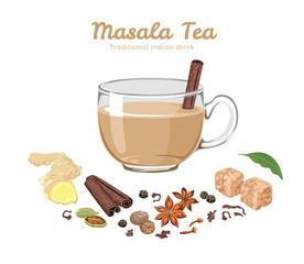 Masala tea in glass cup Isolated on white. Spices for Indian drink. Vector Cartoon flat illustration of cinnamon stick, anise stars, cloves, peas, bay leaf, ginger, cardamom, nutmeg, black tea. 
