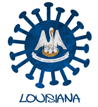 State flag of Louisiana with corona virus or bacteria