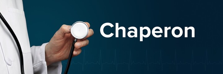 Chaperon. Arzt im Kittel hält Stethoskop. Das Wort Chaperon steht daneben. Symbol für Medizin,...