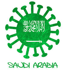 The Saudi Arabian national flag with corona virus or bacteria
