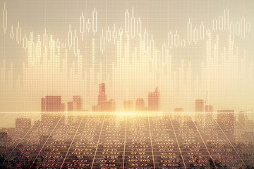 Forex chart on cityscape with skyscrapers wallpaper double exposure. Financial research concept.