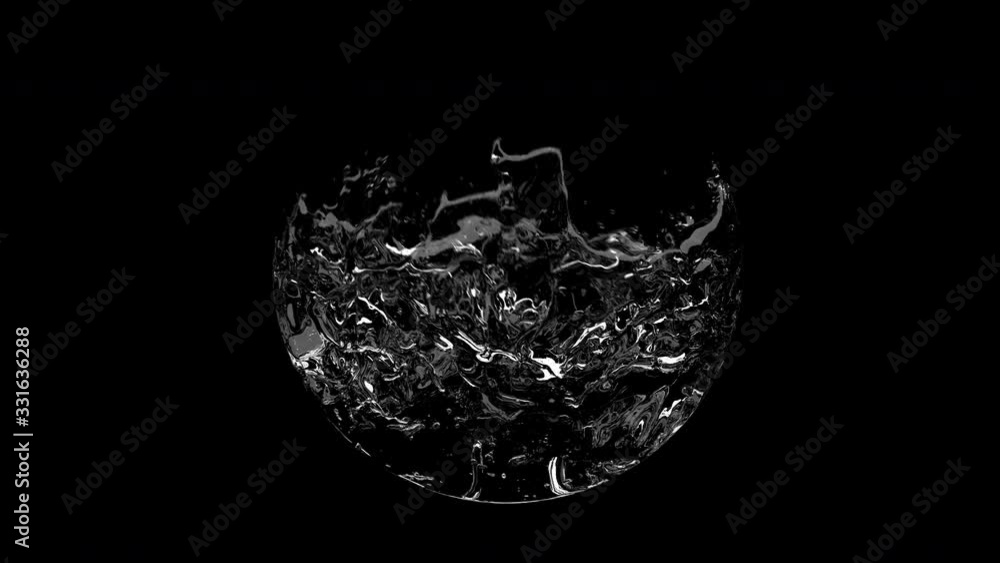 Poster water liquid splashing on sphere object on black blackground. 3d animation 4k with alpha channel.