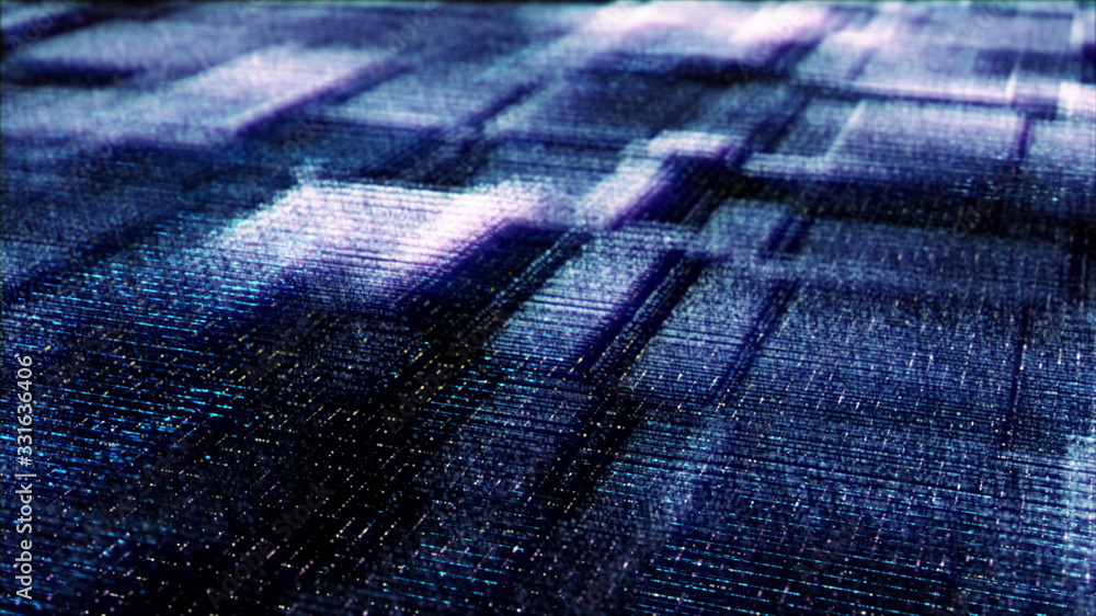Poster Futuristic digital generated image abstract matrix particles de-focus grid in cyber space digital background environment