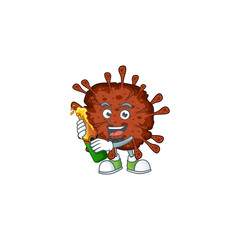 mascot cartoon design of infection coronavirus with bottle of beer