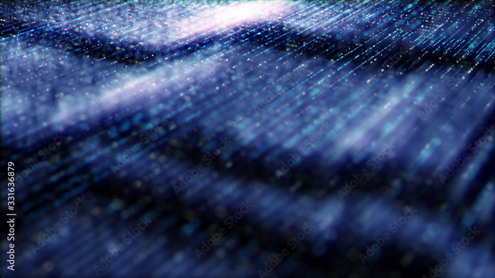 Poster Futuristic digital generated image abstract matrix particles de-focus grid in cyber space digital background environment