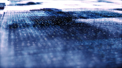 Futuristic digital generated image abstract matrix particles de-focus grid in cyber space digital background environment