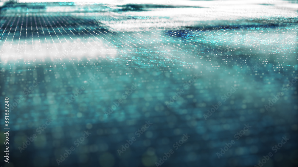 Poster Futuristic digital generated image abstract matrix particles de-focus grid in cyber space digital background environment
