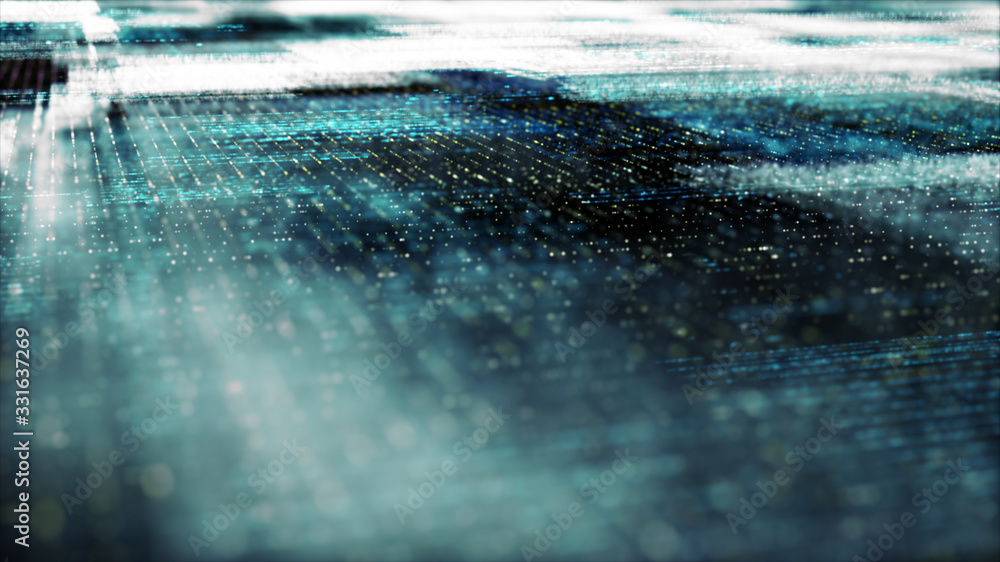 Aufkleber Futuristic digital generated image abstract matrix particles de-focus grid in cyber space digital background environment