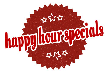 happy hour specials sign. happy hour specials round vintage retro label. happy hour specials