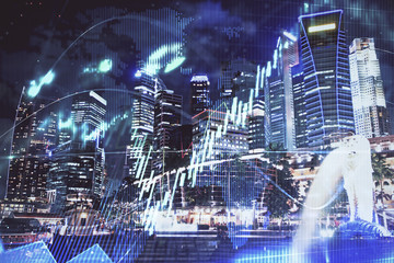 Financial chart on city scape with tall buildings background multi exposure. Analysis concept.