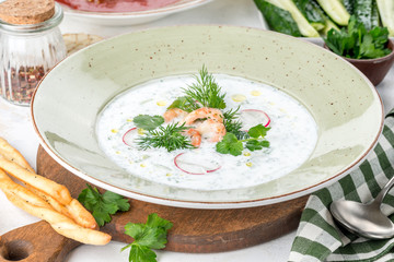 National dishes okroshka on kefir closeup side view