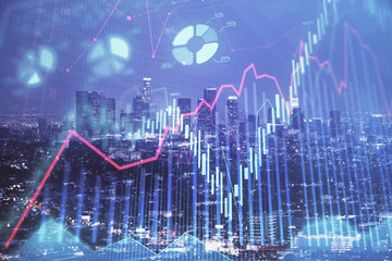 Financial graph on night city scape with tall buildings background double exposure. Analysis concept.