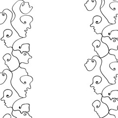 Face line art. Abstract faces of people in one line. Modern poster with linear border of abstract faces. Continuous line art. One line drawing. Minimalist graphic.