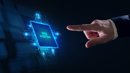 Web Hosting. The activity of providing storage space and access for websites. Business, modern technology, internet and networking concept