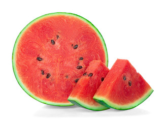 A half and sliced of fresh watermelon isolated on white.