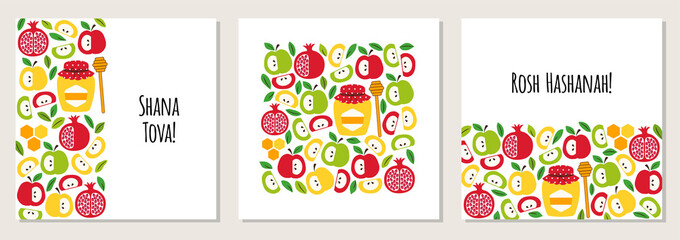 Fototapeta premium Cute set of greeting banner backgrounds with symbols of Jewish New Year holiday Rosh Hashana, Shana Tova