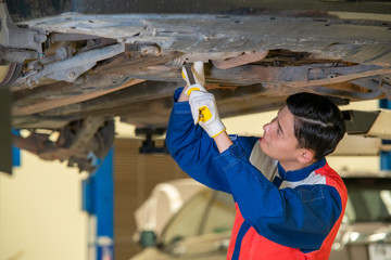 Mechanic repairing a car,Repair of machines,Repair specialist,Technical maintenance,Concept of a car mechanic inspection.