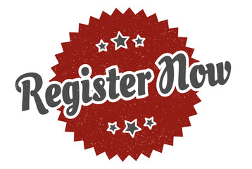 register now sign. register now round vintage retro label. register now