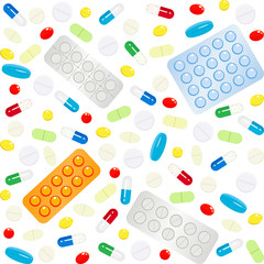 Background with colorful medicines and vitamins on a white. Vector seamless pattern for medical center, pharmacy, hospital. Concept of medicine, health, health care, health service, medical service