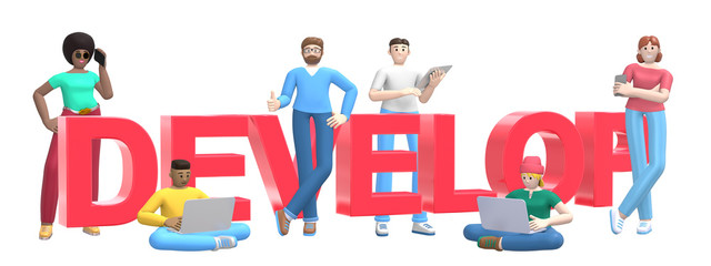 Group of young multiethnic successful people with laptop, tablet, phone and word develop on white background. Horizontal banner cartoon character and text website slogan. 3D rendering.