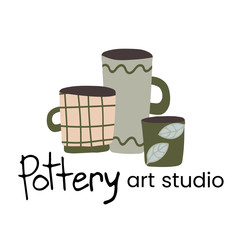 Hand made pottery vector illustration for home and restaurant, hand made shop.   Ceramics or pottery banner to promote your studio. Hand drawn flat logotype.