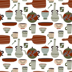 pottery flat vector seamless pattern. Beautiful handcrafted ceramics texture. . Creative wallpaper design.graphic design for paper, textile print, page fill.