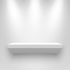 White exhibition stand, illuminated by spotlights. Pedestal. Shelf. Vector illustration.