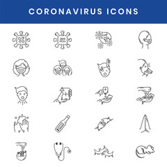 Novel Coronavirus 2019-nCoV. 2019 and 2020 epidemic. Coronavirus icon set for infographic or website - symptoms, transmission, prevention, treatment. Editable stroke.