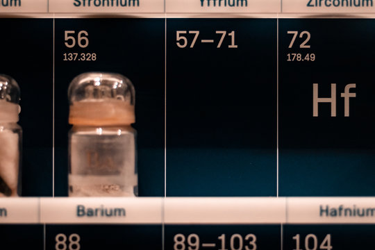 Chemistry lab during covid-19 in Europe, London. Elemetnts table, vials and medicine concept. Finding a solution for the virus. - Powered by Adobe