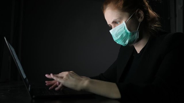 Business Woman Wearing A Mask Sitting In Office, Concept, Contagious Disease, Coronavirus.