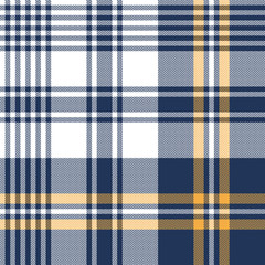 Blue plaid pattern. Seamless bright multicolored vector tartan check plaid texture in medium blue, yellow, and white for flannel shirt, scarf, blanket, and other modern textile design.