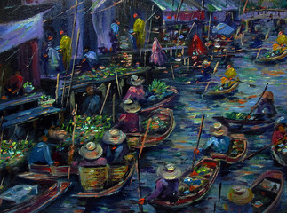 Art painting Oil color Floating market Thai land , rural thailand , Thailand  life