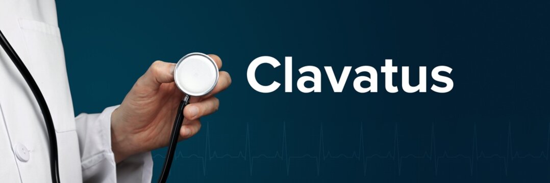 Clavatus. Arzt im Kittel hält Stethoskop. Das Wort Clavatus steht daneben. Symbol für Medizin, Krankheit, Gesundheit