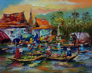 Naklejka na ściany i meble Art painting Oil color Floating market Thailand