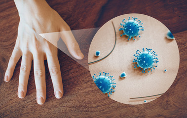 Coronavirus. Close up on a sick man hand through magnifying glass transmitting virus by skin...