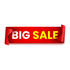 Big sale banner. Red ribbon. Paper scroll. Sticker. Vector illustration.