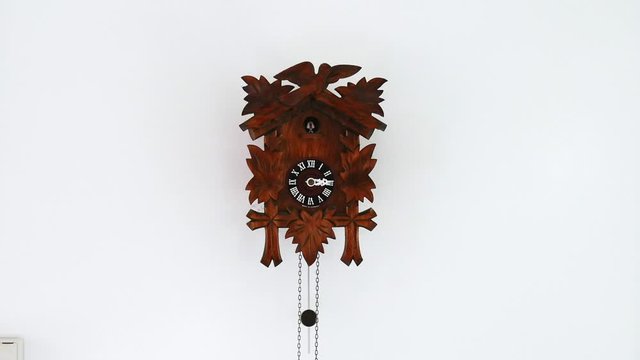 Wooden cuckoo clock on the wall, front facing, slow motion HD