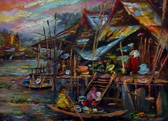 Art painting Oil color  dumnoen saduak   floating market  Thailand