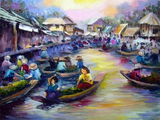 Fototapeta na wymiar Art painting Oil color Floating market Thai land , rural life , rural thailand , Thailand life