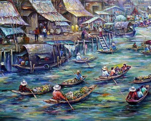 Fototapeta na wymiar Art painting Oil color Floating market Countryside , rural life , rural thailand , Thailand life