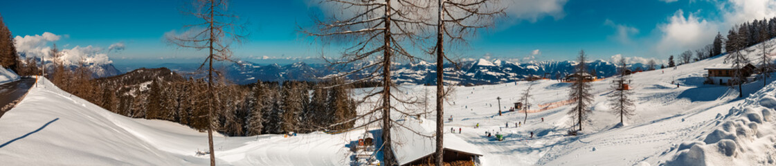 High resolution stitched panorama of a beautiful winter wonderland at the famous Rossfeldstrasse near Berchtesgaden, Bavaria, Germany