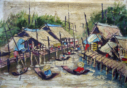 Art painting Oil color    Floating market   Mountains and trees  Countryside  background from thailand