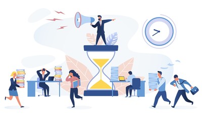 Fototapeta na wymiar Time management concept. Office workers trying to finish work before the deadline. Working in high stress conditions and under hard boss pressure. Vector illustration