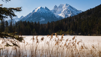 Beautiful winter wonderland at the famous Taubensee near Ramsau, Berchtesgaden, Bavaria, Germany...