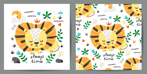 Set of cute poster and seamless pattern with lions