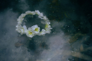 Wreath of flowers under water. Divination