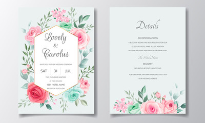 Fototapeta na wymiar Elegant wedding invitation card set template with beautiful floral and leaves